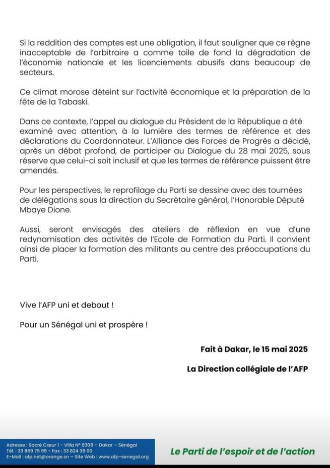 L’AFP a décidé de participer au dialogue du 28 mai 2025 L’AFP a décidé de participer au dialogue du 28 mai 2025
