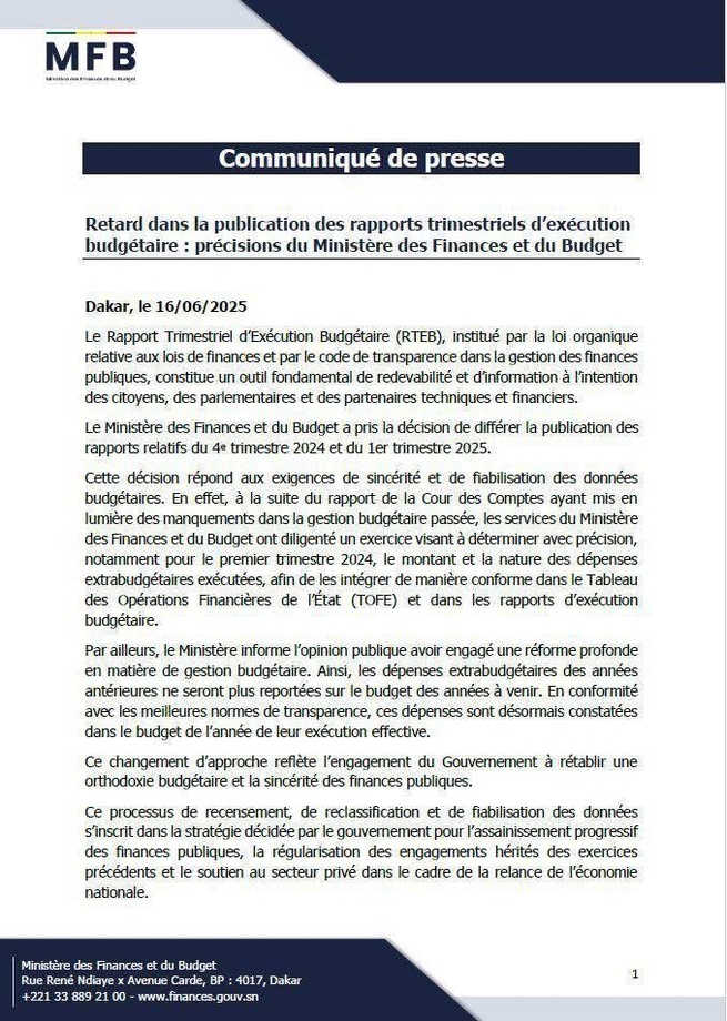 Communiqué du Ministère des Finances et du Budget