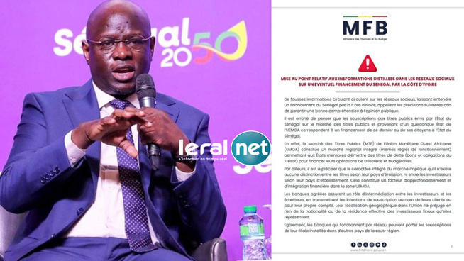 Supposé financement par la Côte d’Ivoire : Le ministère des Finances du Sénégal dément catégoriquement Supposé financement par la Côte d’Ivoire : Le ministère des Finances du Sénégal dément catégoriquement