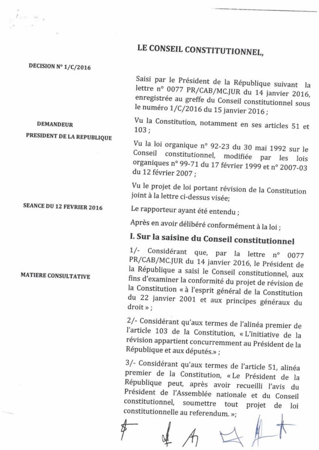 Projet de révision constitutionnelle:Ce que le Conseil constitutionnel a dit au président Macky Sall Projet de révision constitutionnelle:Ce que le Conseil constitutionnel a dit au président Macky Sall