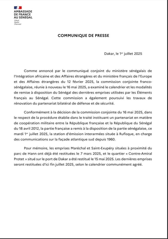 La 3ème base de l'armée française  au Sénégal située à Rufisque, rétrocédée ce 1 er juillet 2025.