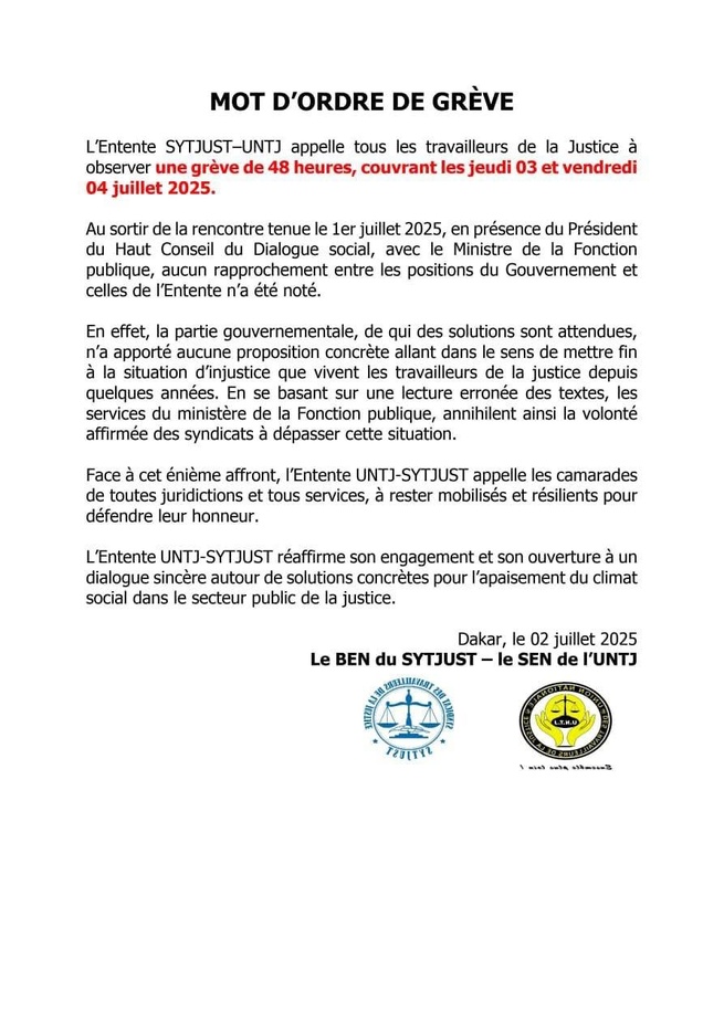 COMMUNIQUÉ DE PRESSE L’ENTENTE SYTJUST–UNTJ dénonce l’obstruction à la vérité et le revirement inacceptable du Ministre de la Justice