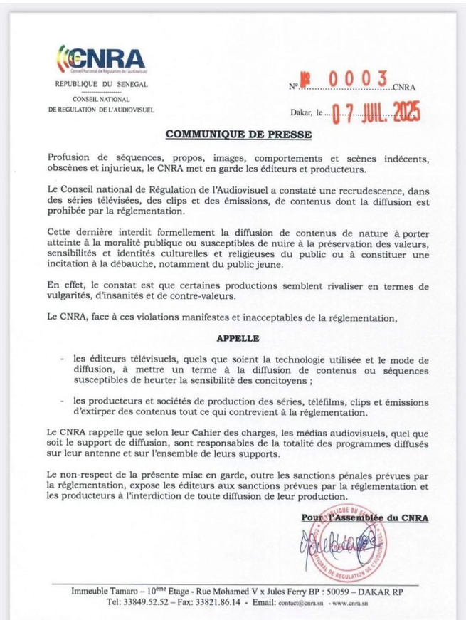 Communiqué de presse : le CNRA met en garde les éditeurs et producteurs Communiqué de presse : le CNRA met en garde les éditeurs et producteurs