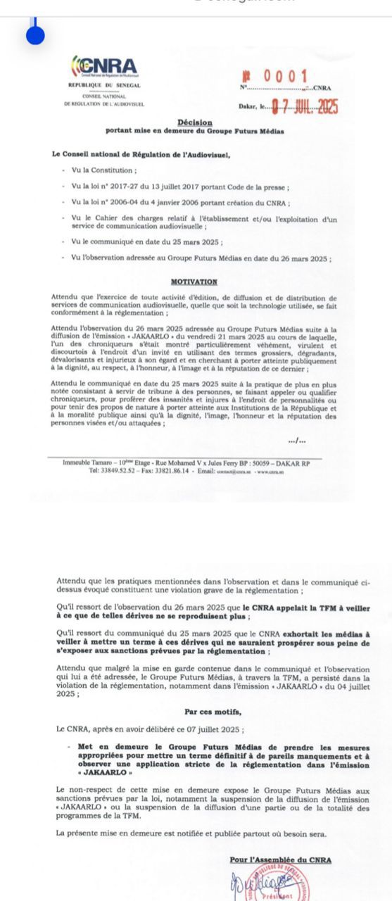 Le CNRA a mis en demeure le Groupe Futurs Médias de prendre les mesures appropriées suite à la « violation de la réglementation, notamment dans l’émission « JAKAARLO » du 04 juillet 2025 ».