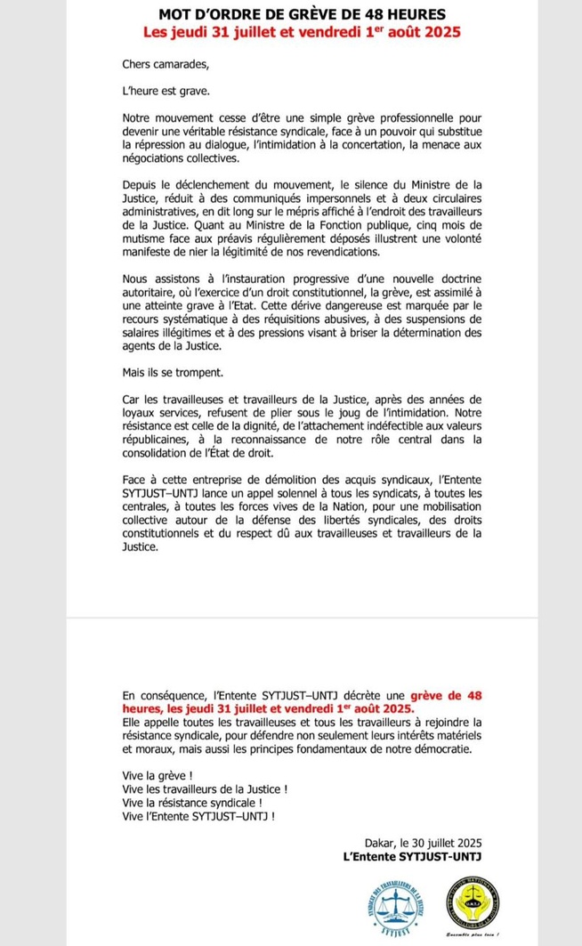 JUSTICE : MOT D’ORDRE DE GRÈVE DE 48 HEURES Les jeudi 31 juillet et vendredi 1er août 2025 Chers