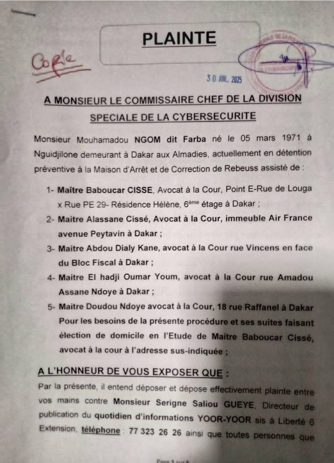 Affaire "Yoor-Yoor" : Plainte déposée contre Serigne Saliou Gueye après des révélations sur la mobilisation de soutien à Farba Ngom Affaire "Yoor-Yoor" : Plainte déposée contre Serigne Saliou Gueye après des révélations sur la mobilisation de soutien à Farba Ngom