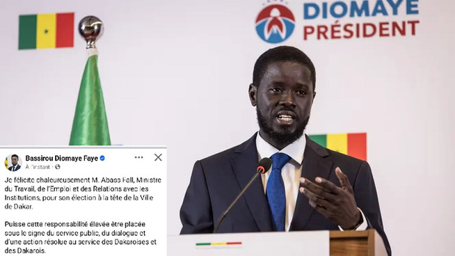 Nouveau Maire : Bassirou Diomaye Faye salue l’élection d’Abass Fall à la tête de la mairie de Dakar Nouveau Maire : Bassirou Diomaye Faye salue l’élection d’Abass Fall à la tête de la mairie de Dakar