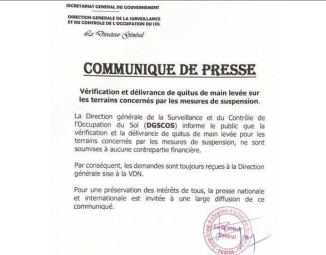 Vérification et délivrance de quitus de main levée : La DGSCOS informe le public de sa poursuite sur les terrains concernés par les mesures de suspension