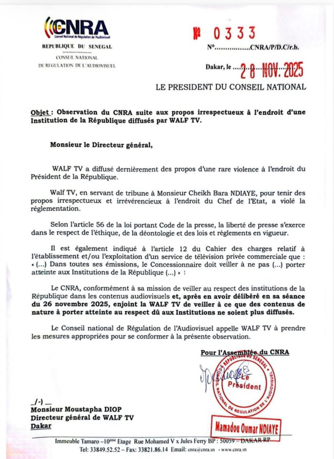 Diffusion des propos de Cheikh Bara Ndiaye: Le CNRA recadre WALF TV
