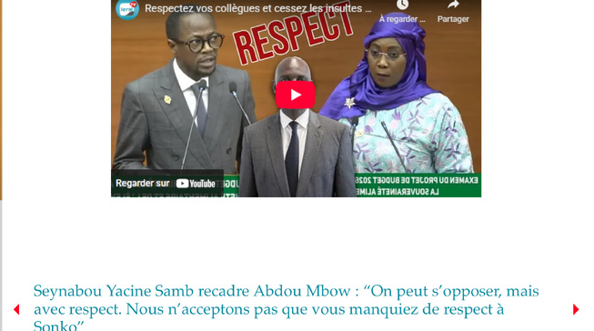 Seynabou Yacine Samb recadre Abdou Mbow : “On peut s’opposer, mais avec respect. Nous n’acceptons pas que vous manquiez de respect à Sonko” Seynabou Yacine Samb recadre Abdou Mbow : “On peut s’opposer, mais avec respect. Nous n’acceptons pas que vous manquiez de respect à Sonko”