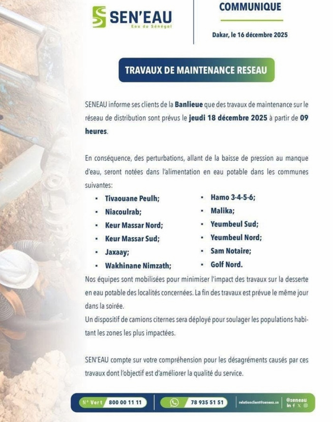 Travaux de maintenance : Perturbations dans la distribution de l’eau annoncées ce jeudi, dans la banlieue Travaux de maintenance : Perturbations dans la distribution de l’eau annoncées ce jeudi, dans la banlieue