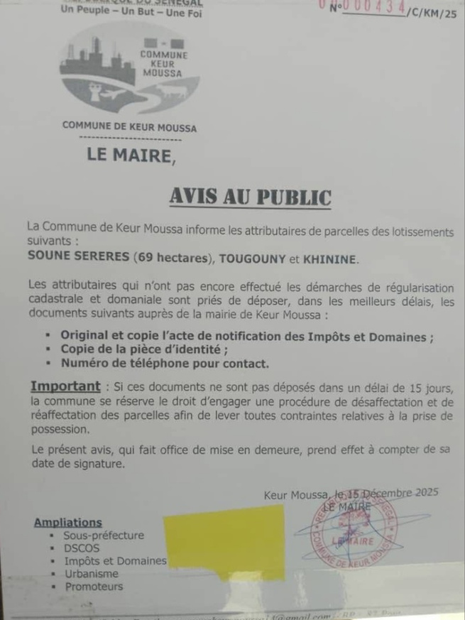Régularisation cadastrale et domaniale : Le maire de Keur Moussa accorde un délai de 15 jours aux attributaires de parcelles (Document) Régularisation cadastrale et domaniale : Le maire de Keur Moussa accorde un délai de 15 jours aux attributaires de parcelles (Document)
