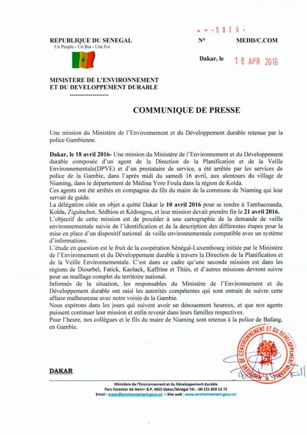 LES AGENTS DU MINISTÈRE DE L’ENVIRONNEMENT ARRÊTÉS EN GAMBIE ONT ÉTÉ LIBÉRÉS (OFFICIEL)