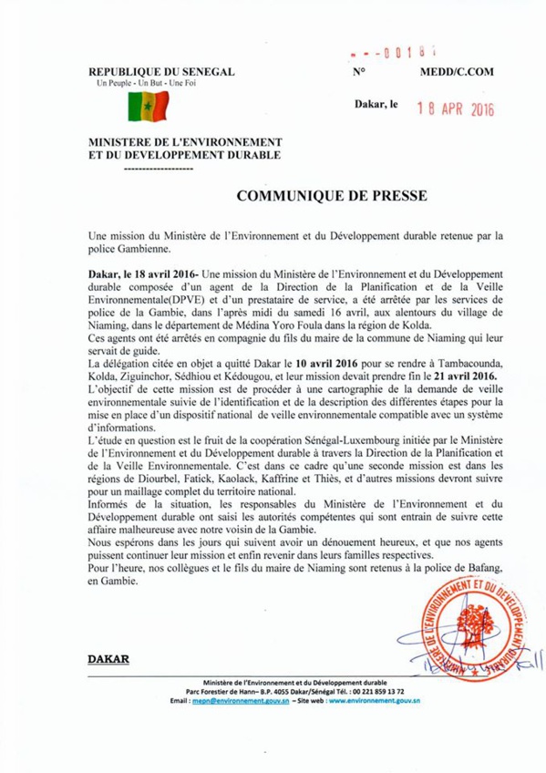 LES AGENTS DU MINISTÈRE DE L’ENVIRONNEMENT ARRÊTÉS EN GAMBIE ONT ÉTÉ LIBÉRÉS (OFFICIEL) LES AGENTS DU MINISTÈRE DE L’ENVIRONNEMENT ARRÊTÉS EN GAMBIE ONT ÉTÉ LIBÉRÉS (OFFICIEL)