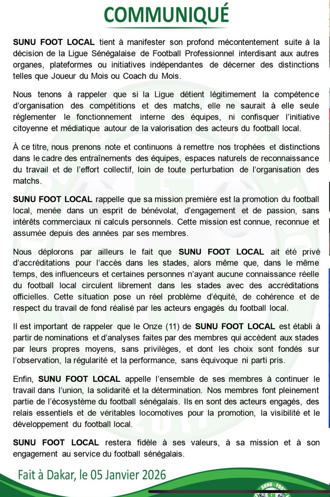 SUNU FOOT LOCAL dénonce une décision jugée restrictive de la Ligue (Communiqué) SUNU FOOT LOCAL dénonce une décision jugée restrictive de la Ligue (Communiqué)