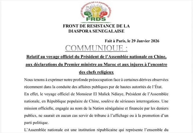 COMMUNIQUE FRDS: Relatif au voyage officiel du Président de l’Assemblée nationale en Chine, aux déclarations du Premier ministre au Maroc et aux injures à l’encontre des chefs religieux COMMUNIQUE FRDS: Relatif au voyage officiel du Président de l’Assemblée nationale en Chine, aux déclarations du Premier ministre au Maroc et aux injures à l’encontre des chefs religieux