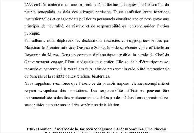 COMMUNIQUE FRDS: Relatif au voyage officiel du Président de l’Assemblée nationale en Chine, aux déclarations du Premier ministre au Maroc et aux injures à l’encontre des chefs religieux
