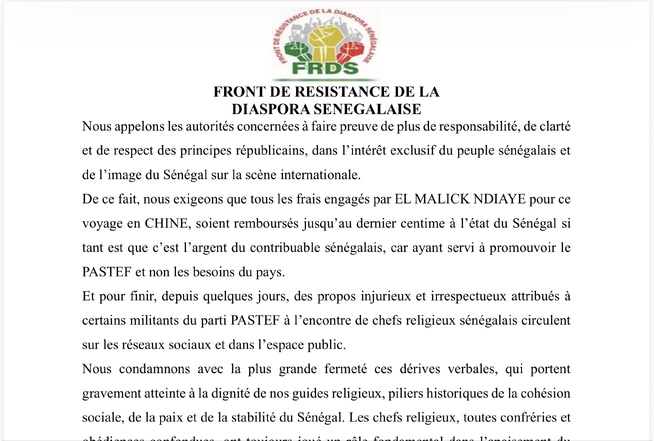 COMMUNIQUE FRDS: Relatif au voyage officiel du Président de l’Assemblée nationale en Chine, aux déclarations du Premier ministre au Maroc et aux injures à l’encontre des chefs religieux COMMUNIQUE FRDS: Relatif au voyage officiel du Président de l’Assemblée nationale en Chine, aux déclarations du Premier ministre au Maroc et aux injures à l’encontre des chefs religieux