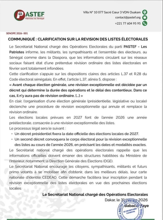 Révision des listes électorales : PASTEF dément les rumeurs et apporte des clarifications