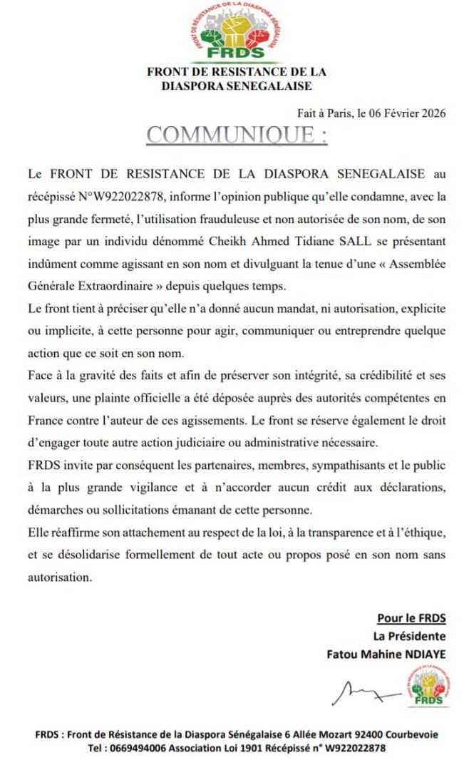 COMMINIQUE FRDS- La présidente Fatou Mahine Ndiaye dénonce une violation frauduleuse