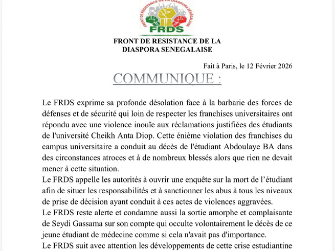COMMUNIQUE- FRONT DE RESISTANCE DE LA DIASPORA SENEGALAISE (FRDS) COMMUNIQUE- FRONT DE RESISTANCE DE LA DIASPORA SENEGALAISE (FRDS)