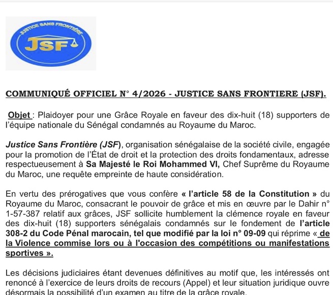 COMMUNIQUÉ OFFICIEL- JUSTICE SANS FRONTIERE (JSF).