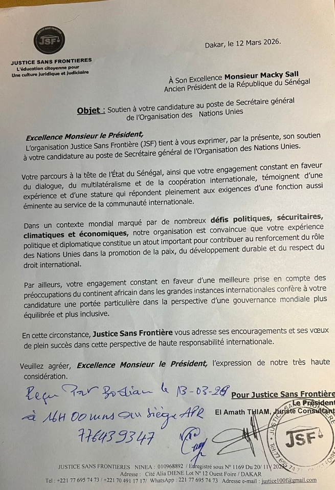 JUSTICE SANS FRONTIÈRES soutien la candidature de Macky Sall au poste de SG ONU JUSTICE SANS FRONTIÈRES soutien la candidature de Macky Sall au poste de SG ONU