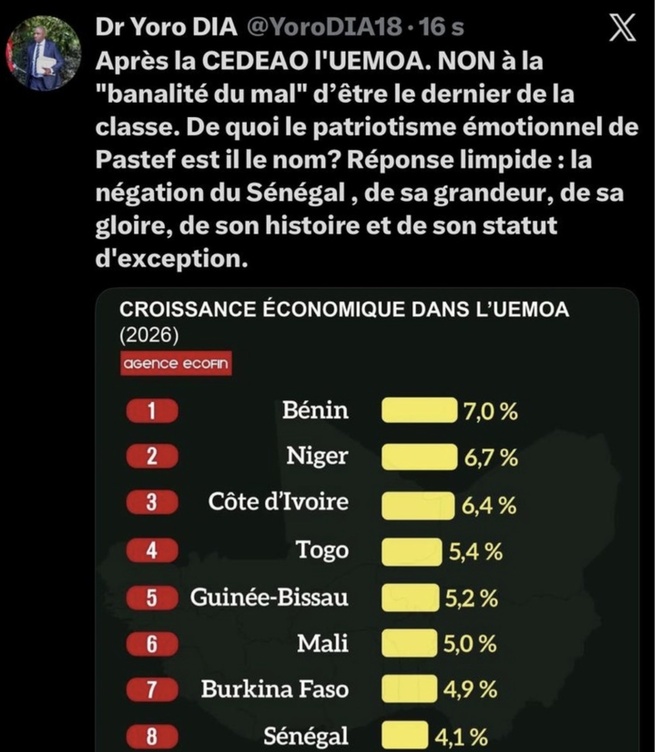 Après la Cedeao, l'Uemoa : Dr. Yoro Dia dit non à la "banalité du mal" d'être le dernier de la classe