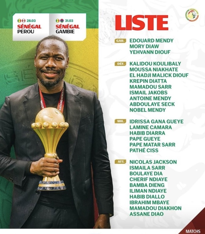 Liste des "Lions" : Pape Thiaw dévoile ses 28 guerriers pour affronter le Pérou et la Gambie…Le retour de Bamba Dieng, Sadio Mané absent Liste des "Lions" : Pape Thiaw dévoile ses 28 guerriers pour affronter le Pérou et la Gambie…Le retour de Bamba Dieng, Sadio Mané absent