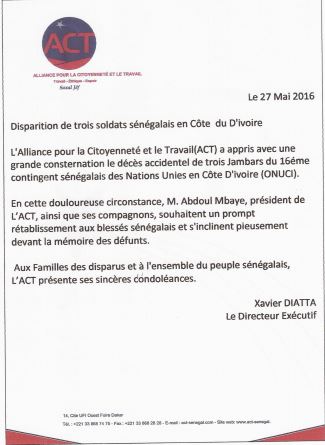 Disparition de trois soldats Sénégalais en Cote d'Ivoire, l'ACT présentes ses condoléances aux familles des disparues