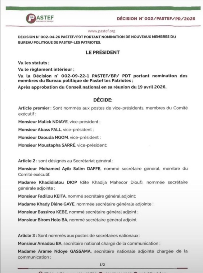 Restructuration de Pastef : Sonko verrouille le Bureau Politique avec ses lieutenants historiques Restructuration de Pastef : Sonko verrouille le Bureau Politique avec ses lieutenants historiques