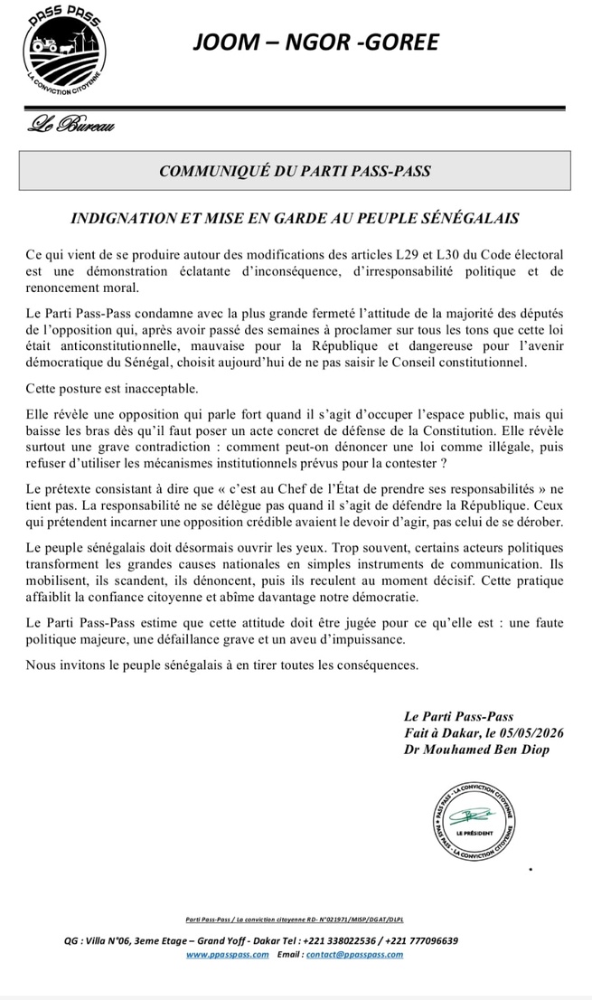 Communique du Parti PASS-PASS: Indignation et mise en demeure au peuple Sénégalais