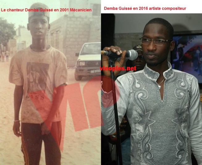 Le chanteur Demba Guissé en 2001 quand il était mécanicien et en 2016 artiste compositeur.
