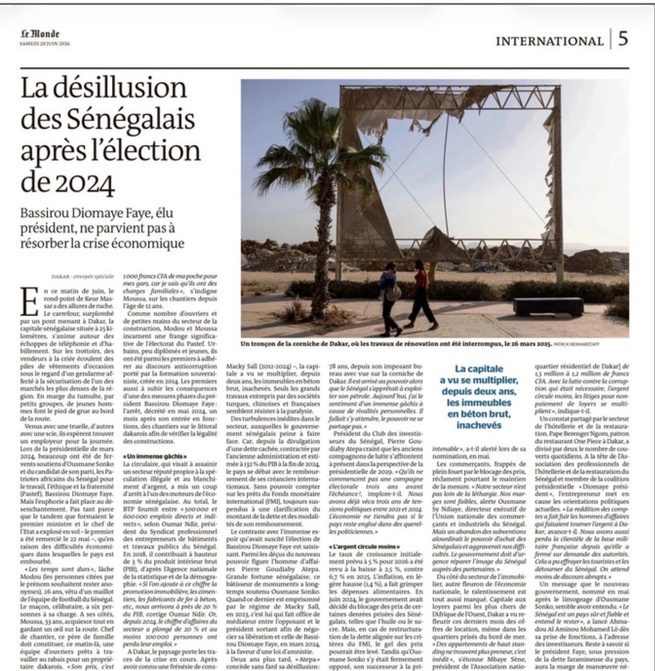 Le Monde : « La désillusion des Sénégalais après l’élection de 2024 » – Le quotidien français décrit un Sénégal confronté au ralentissement économique