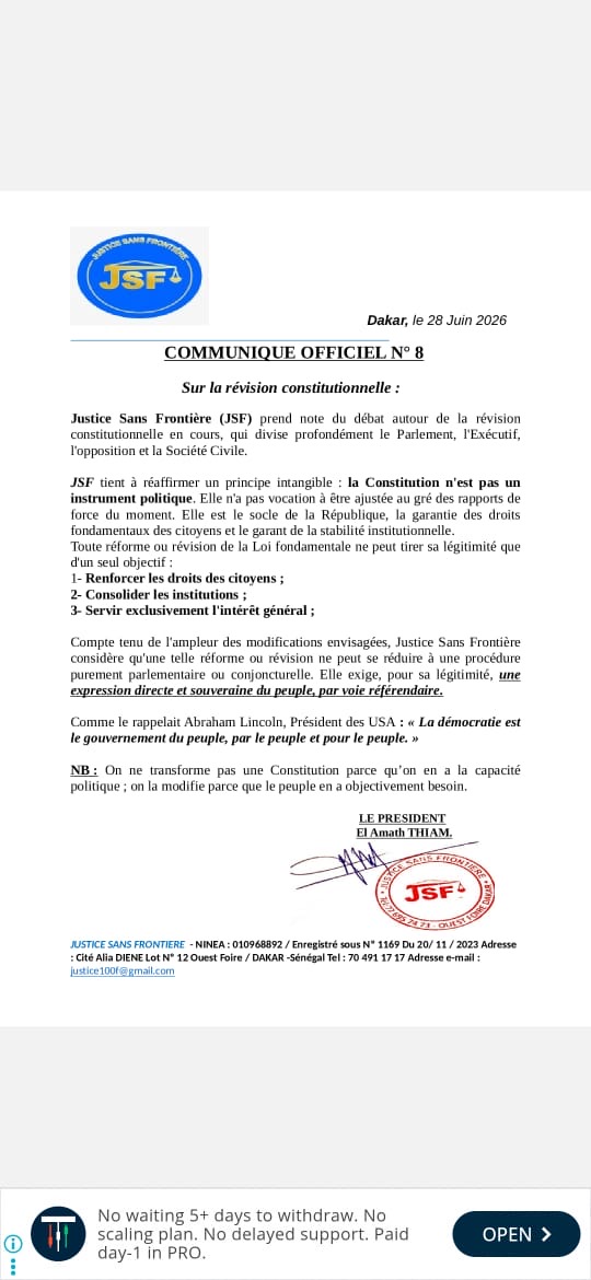 Communique officiel de Justice Sans Frontiére sur la révision de la constitution