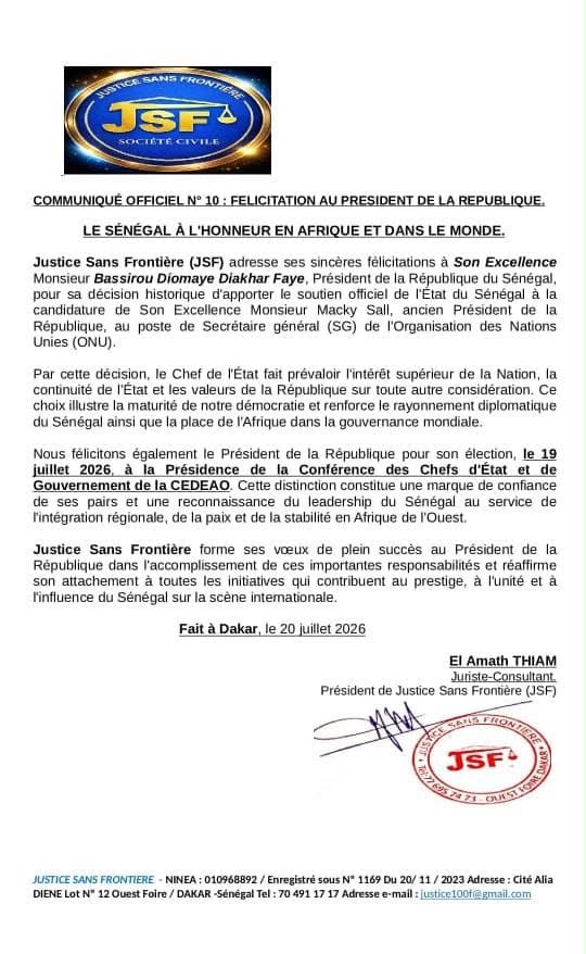 JSF Félicite le Président de la république Bassirou Diomaye Faye sur le soutien du Sénégal à Macky Sall à l’ONU