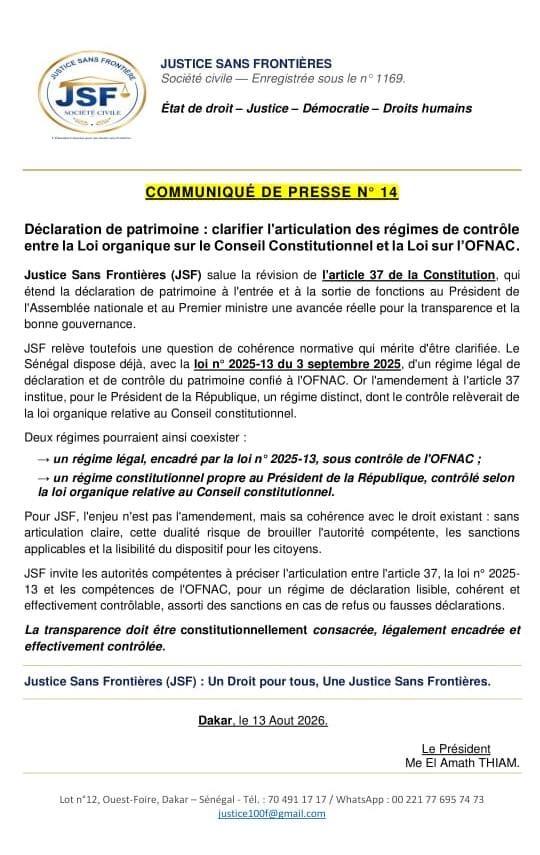 *JSF POUR UNE HARMONISATION DES MODALITÉS DE LA DÉCLARATION DE PATRIMOINE.*