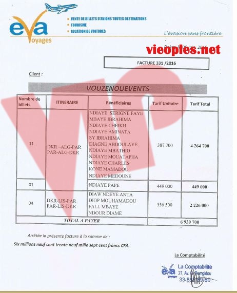 Les organisateurs du Bercy du 04 juin 2016 SEN ART VISION & VOUZENOU presentent les documents: Billet d'avion de Waly et son groupe, la mise en demeure,le budget final, les recettes définitives, et le mail de Bougane envoyé à Yuma Production. Les organisateurs du Bercy du 04 juin 2016 SEN ART VISION & VOUZENOU presentent les documents: Billet d'avion de Waly et son groupe, la mise en demeure,le budget final, les recettes définitives, et le mail de Bougane envoyé à Yuma Production.