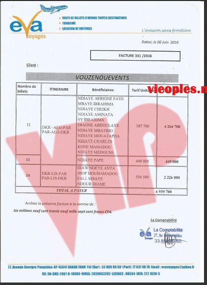 Les organisateurs du Bercy du 04 juin 2016 SEN ART VISION & VOUZENOU presentent les documents: Billet d'avion de Waly et son groupe, la mise en demeure,le budget final, les recettes définitives, et le mail de Bougane envoyé à Yuma Production. Les organisateurs du Bercy du 04 juin 2016 SEN ART VISION & VOUZENOU presentent les documents: Billet d'avion de Waly et son groupe, la mise en demeure,le budget final, les recettes définitives, et le mail de Bougane envoyé à Yuma Production.