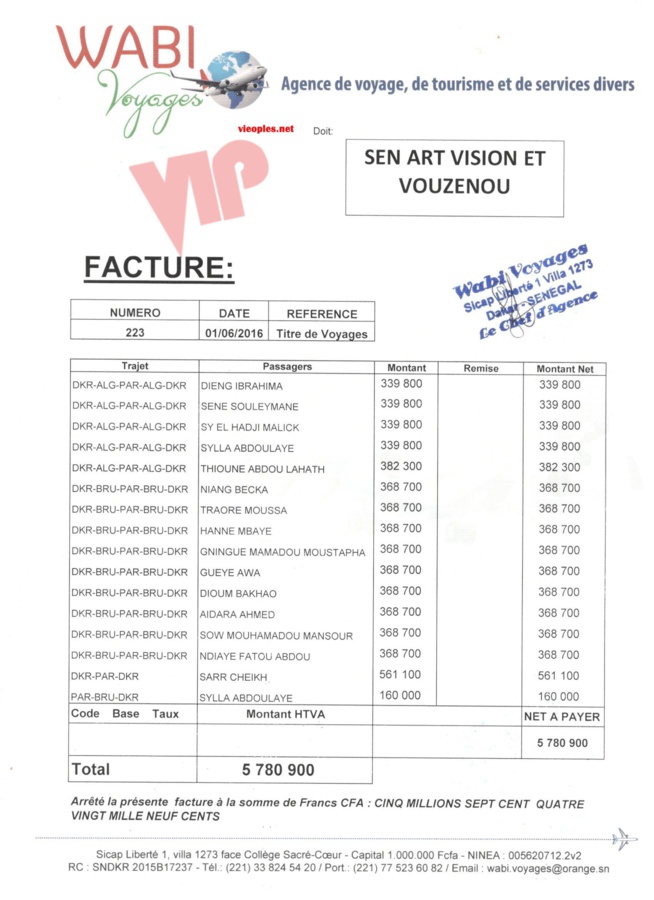 Les organisateurs du Bercy du 04 juin 2016 SEN ART VISION & VOUZENOU presentent les documents: Billet d'avion de Waly et son groupe, la mise en demeure,le budget final, les recettes définitives, et le mail de Bougane envoyé à Yuma Production.