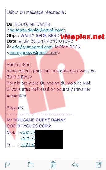 Le mail qui accable Bougane Guéye de saboter le dernier Berçy du 04 Juin juste pour le réorganiser dans la deuxième quinzaine du mois de mai 2017 avec Yuma Production. Le mail qui accable Bougane Guéye de saboter le dernier Berçy du 04 Juin juste pour le réorganiser dans la deuxième quinzaine du mois de mai 2017 avec Yuma Production.