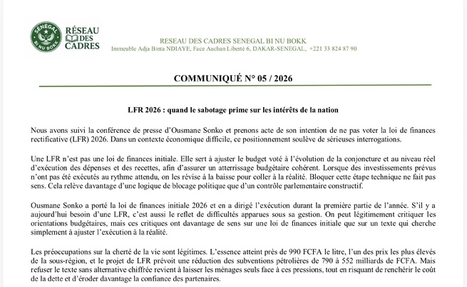 DÉCLARATION DU RÉSEAU DES CADRES DE SÉNÉGAL BI NU BOOK LFR 2026 : quand le sabotage prime sur les intérêts de la nation. DÉCLARATION DU RÉSEAU DES CADRES DE SÉNÉGAL BI NU BOOK LFR 2026 : quand le sabotage prime sur les intérêts de la nation.