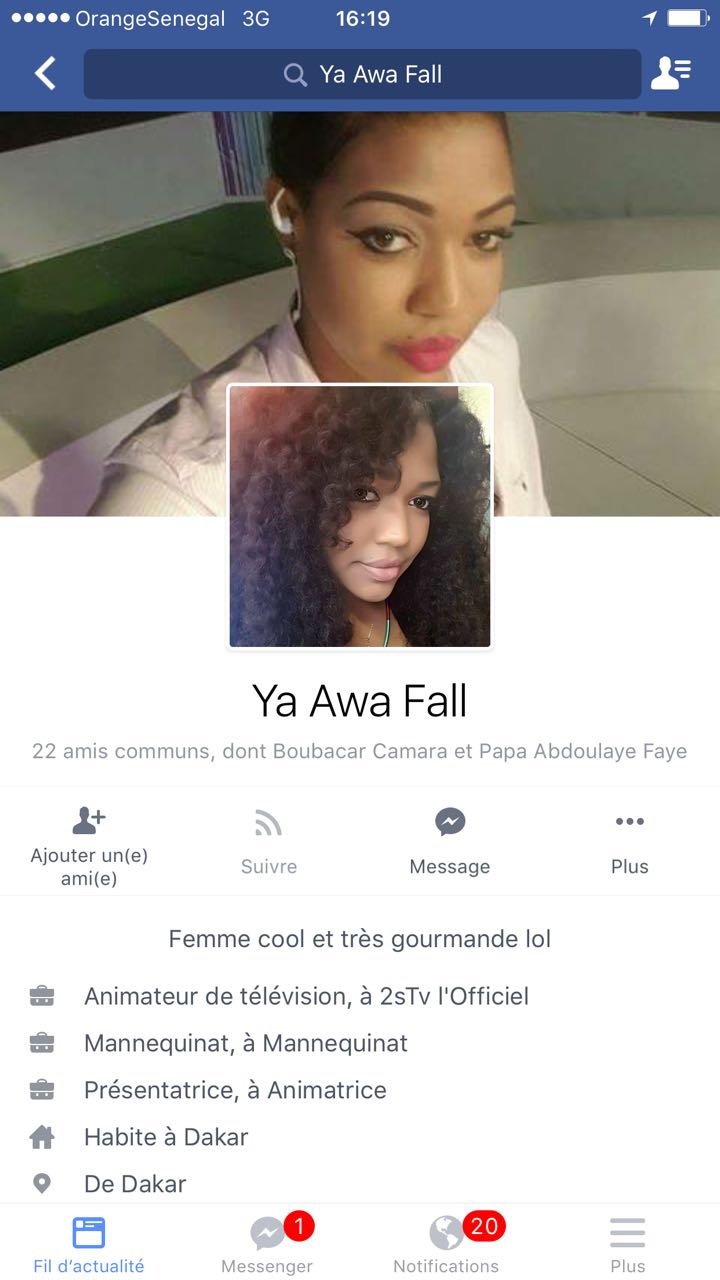 ALERTE: Le compte Facebook de Ya Awa de la 2 stv crée par une tier personne au nom de Ya Awa Fall.