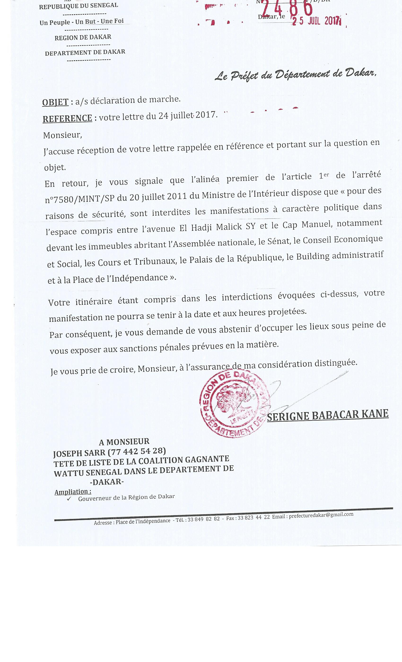 Le Préfet de Dakar interdit la marche de Me Abdoulaye Wade (document)
