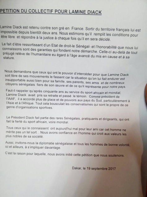 Lamine Diack : Le contenu de la pétition