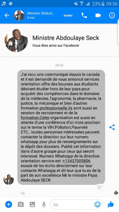 Alerte : un faux message du ministre Abdoulaye Seck circule sur facebook