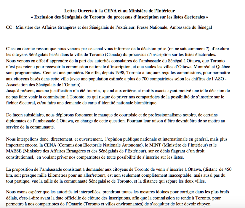Lettre Ouverte à la CENA et au Ministère de l’Intérieur --- « Exclusion des Sénégalais de Toronto du processus d’inscription sur les listes électorales
