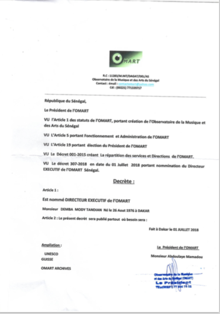 Document Officiel: Tange Tandian administrateur de vipeoples.net est le nouveau Directeur Exécutif de l'OMART.