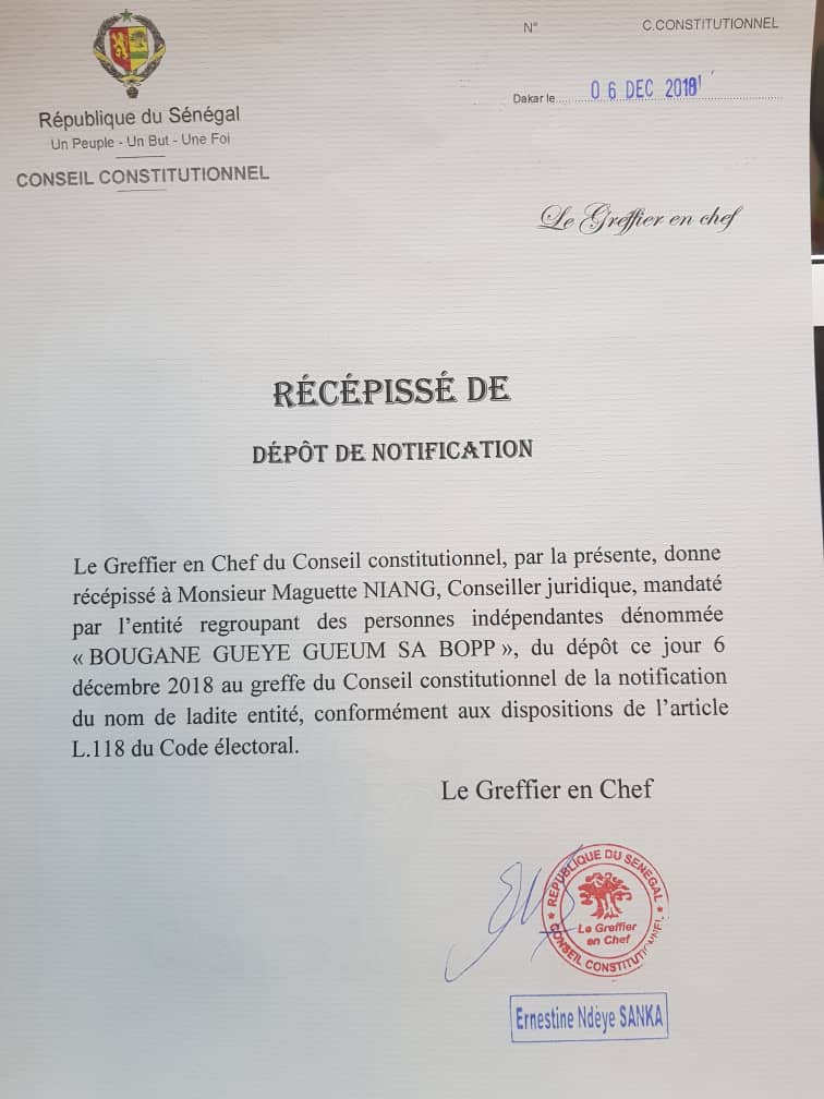 Le conseil constitutionnel a délivré la notification du nom " Gueum Sa Bopp" à son mandataire Mr Maguette Niang (Juriste).