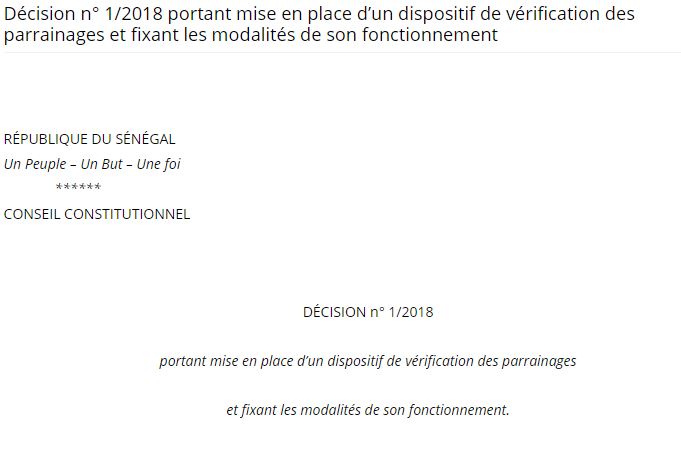 Décision n°1/2018 portant mise en place d'un dispositif de vérification des parrainages et fixant les modalités de son fonctionnement (document)